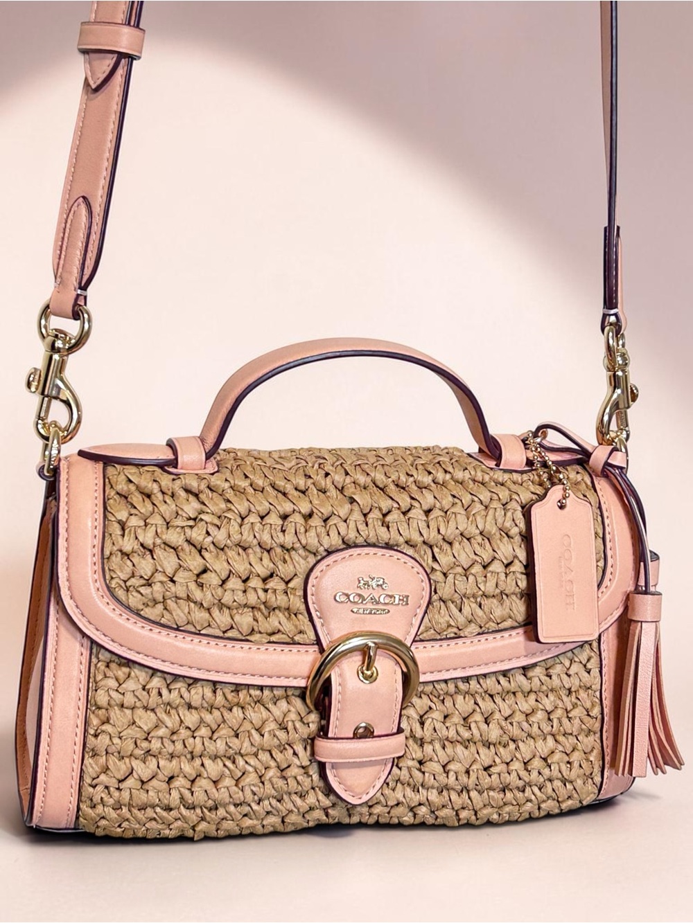 COACH Kleo Top Handle Straw and Smooth Leather Crossbody Bag